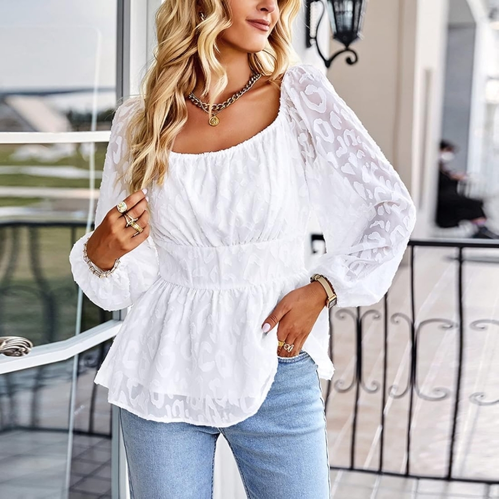 Cupshe Jacquard Square Neck Lantern Sleeve Ruched Crop Top XL | NWT | Elegant Pu